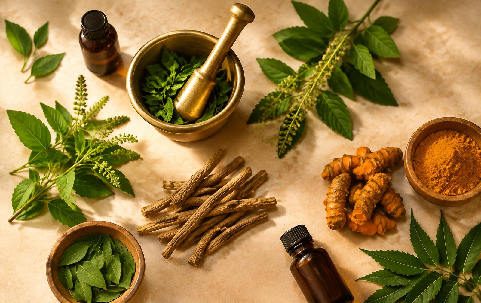 Ayurvedic herbs, turmeric and ashwagandha roots